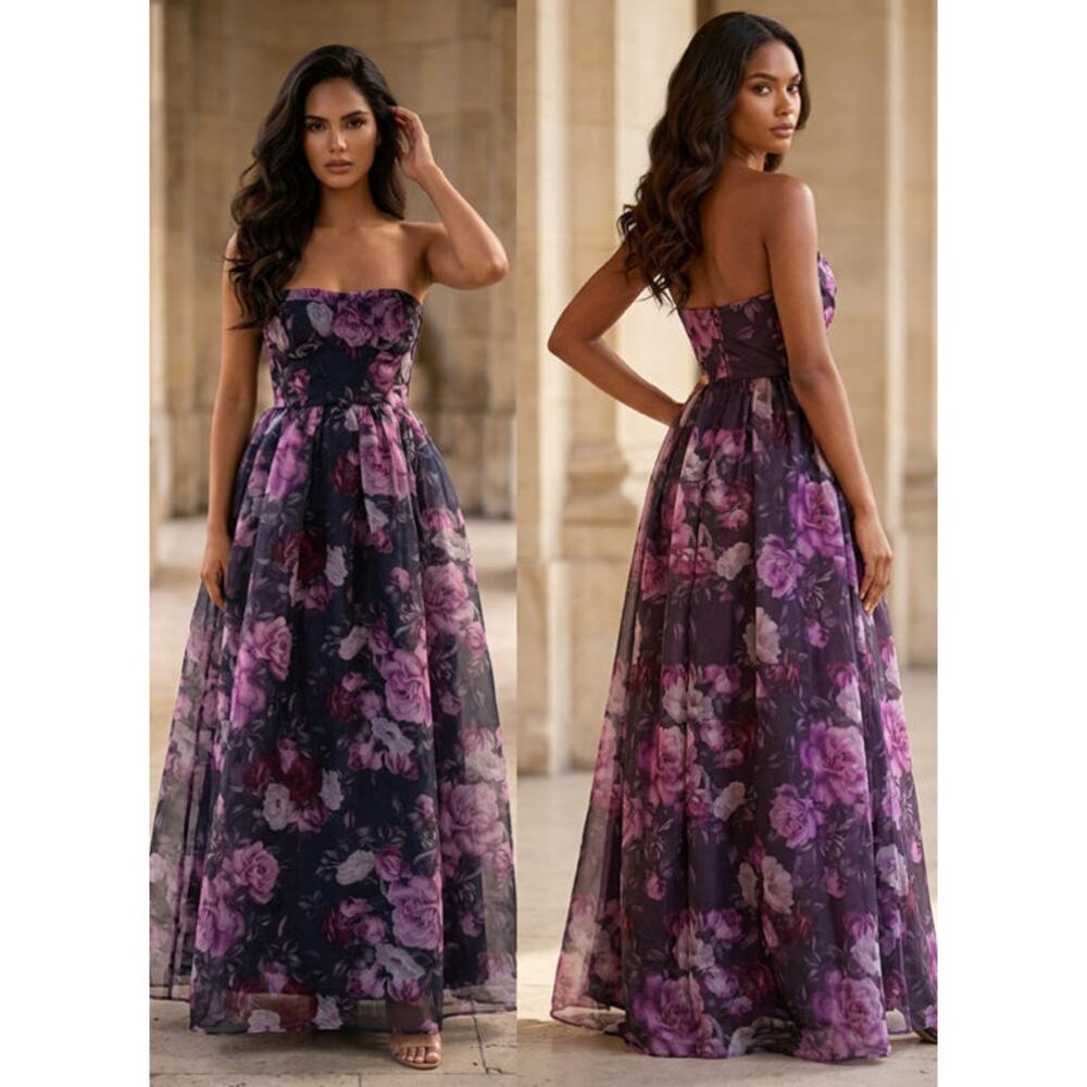 Lulus Strapless Bustier Purple Floral Print Wonderful Waltz Maxi Dress Size M - Picture 3 of 15